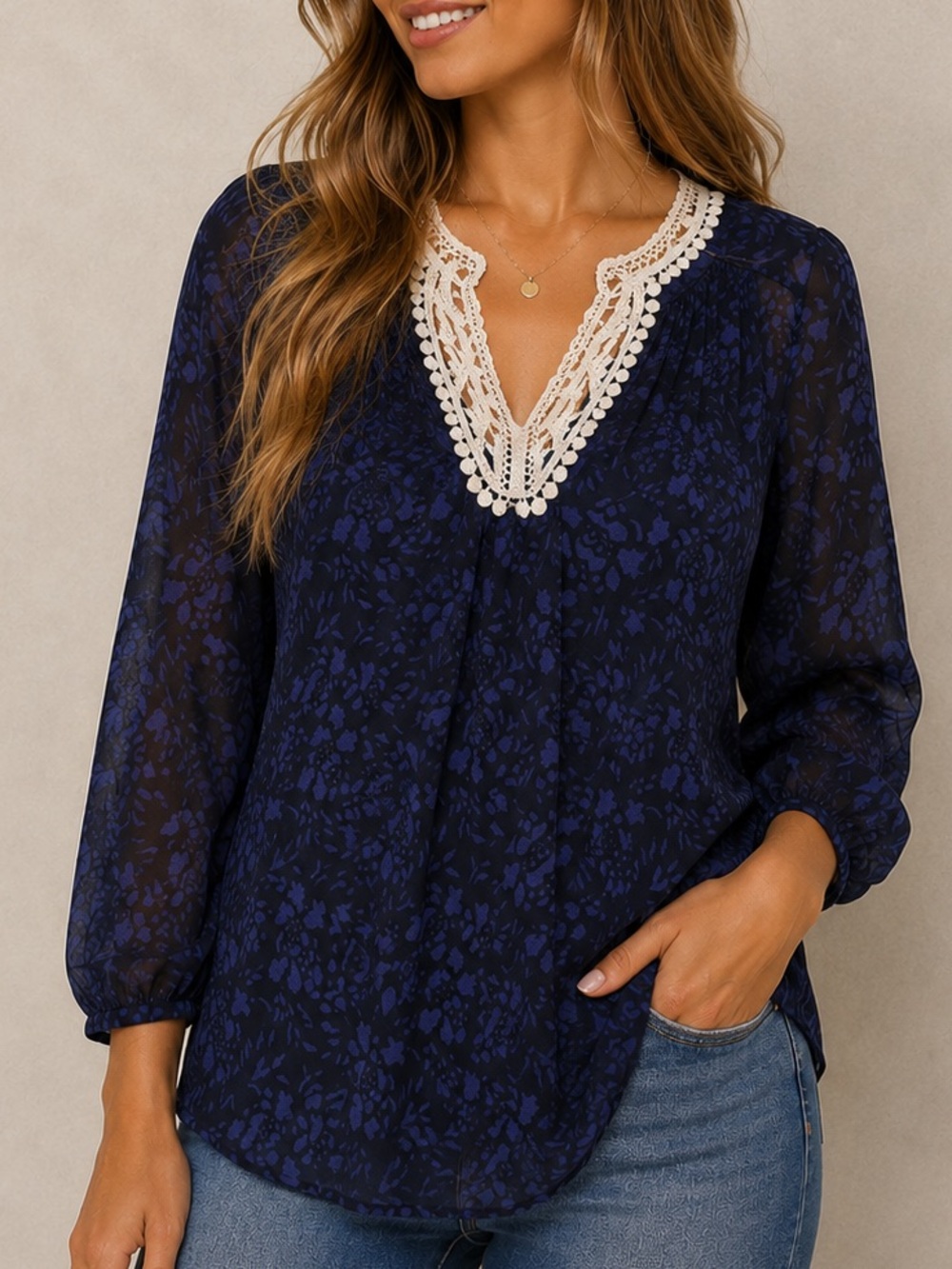Dalia Navy and Blue Floral V-Neck Blouse with Crochet Trim